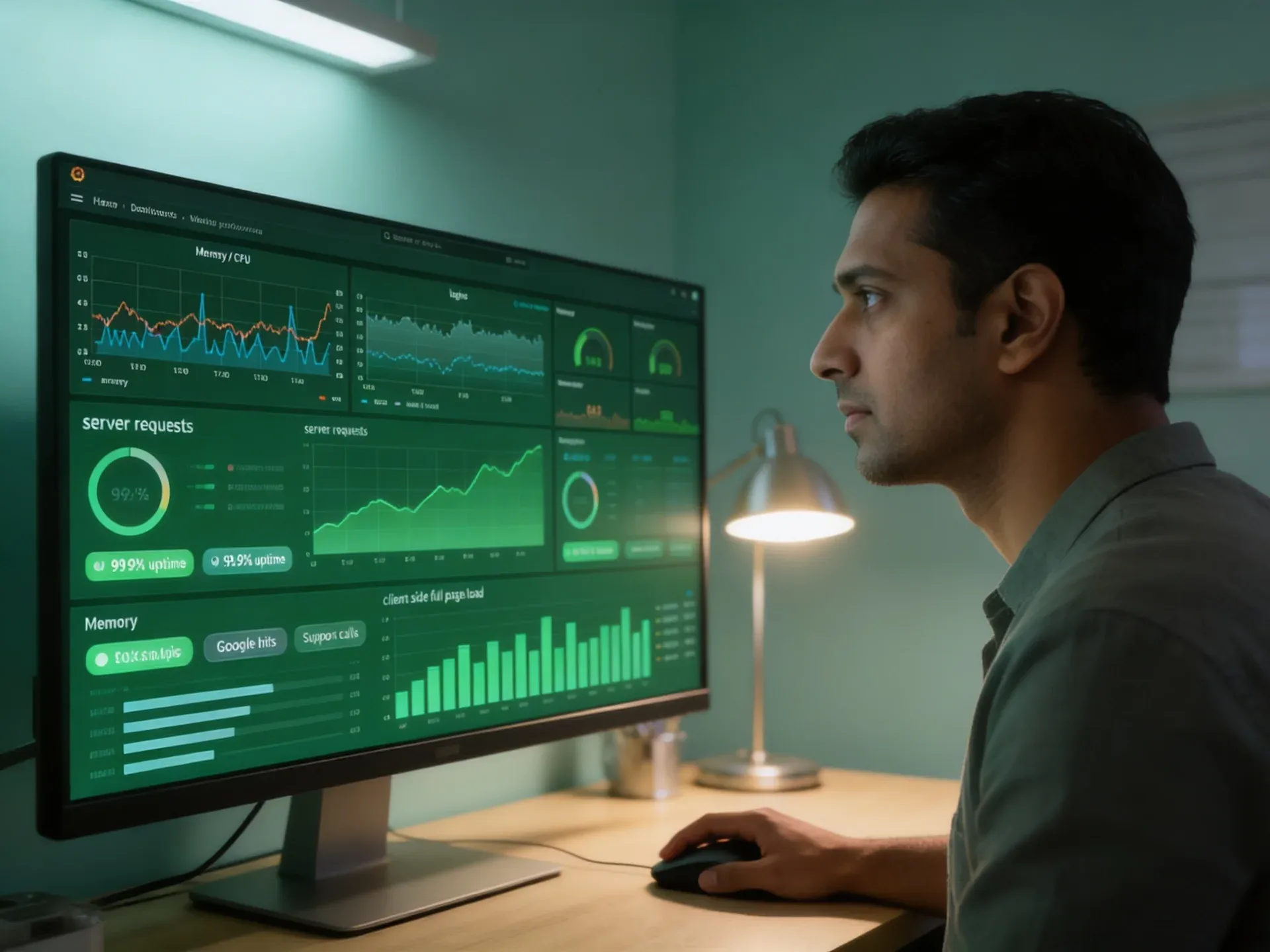 DevOps engineer reviewing an all-green healthy application monitoring dashboard with uptime, error-rate and response-time panels on a large screen under warm desk-lamp light, calm and focused, side-profile medium shot DevOps engineer reviewing an all-green healthy application monitoring dashboard with uptime, error-rate and response-time panels on a large screen under warm desk-lamp light, calm and focused, side-profile medium shot