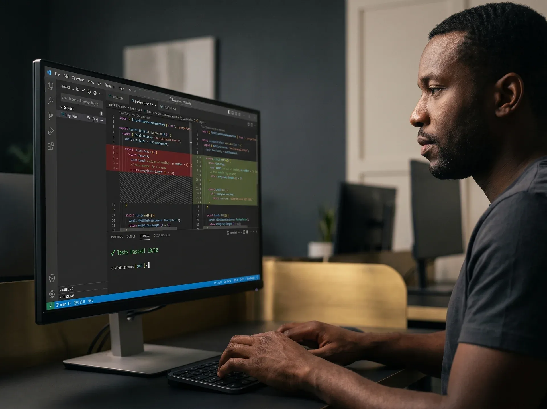 Developer completing a bug-fix diff in a VS Code editor with passing tests, hands on the keyboard, lit by warm screen glow in a dim workspace, side-profile tight medium shot Developer completing a bug-fix diff in a VS Code editor with passing tests, hands on the keyboard, lit by warm screen glow in a dim workspace, side-profile tight medium shot