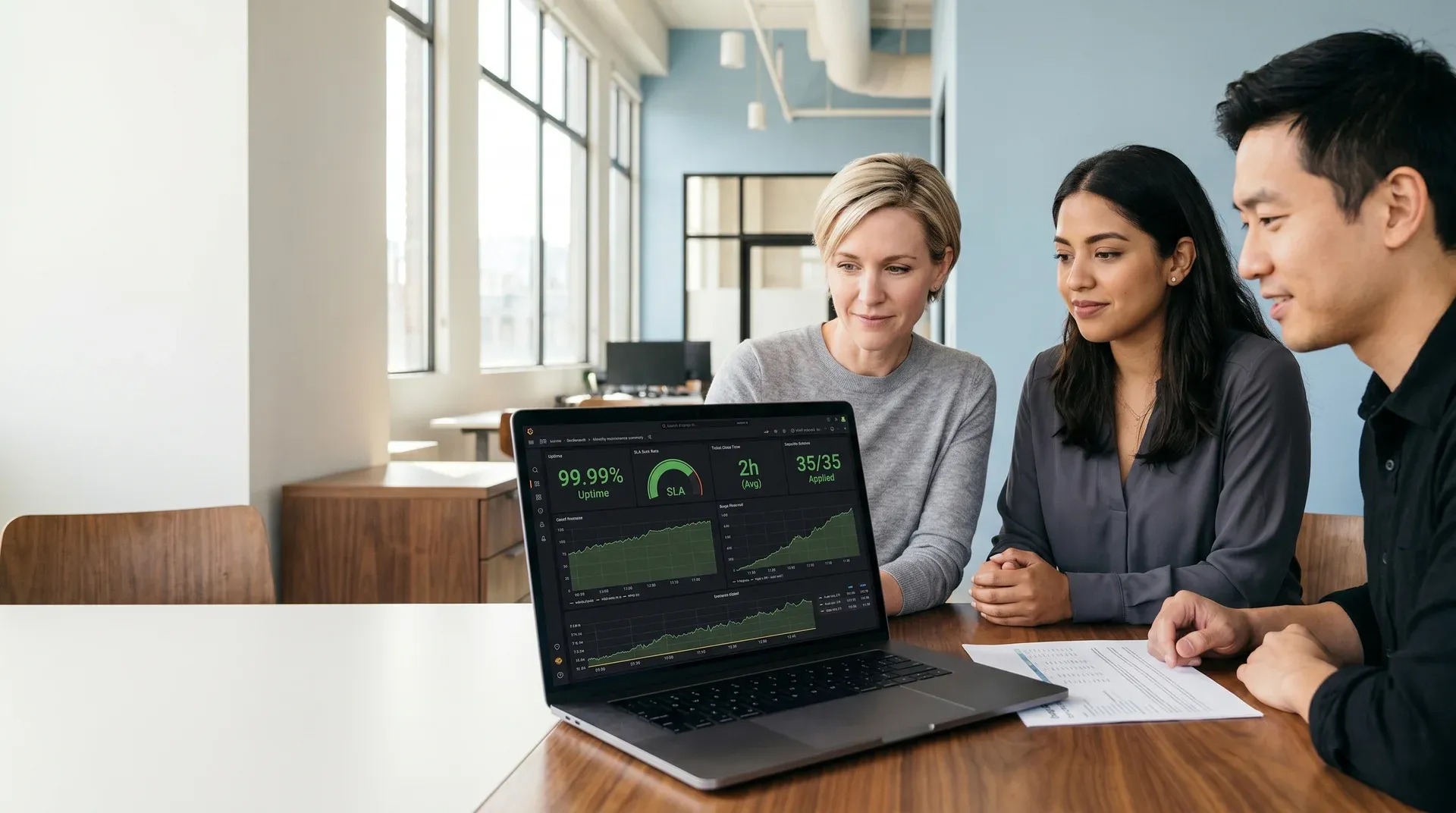 Small engineering team reviewing a positive monthly maintenance summary on a laptop showing 99.9%+ uptime, a green SLA burn rate and healthy panels, relaxed and satisfied under natural large-window daylight, above-and-side medium-wide shot