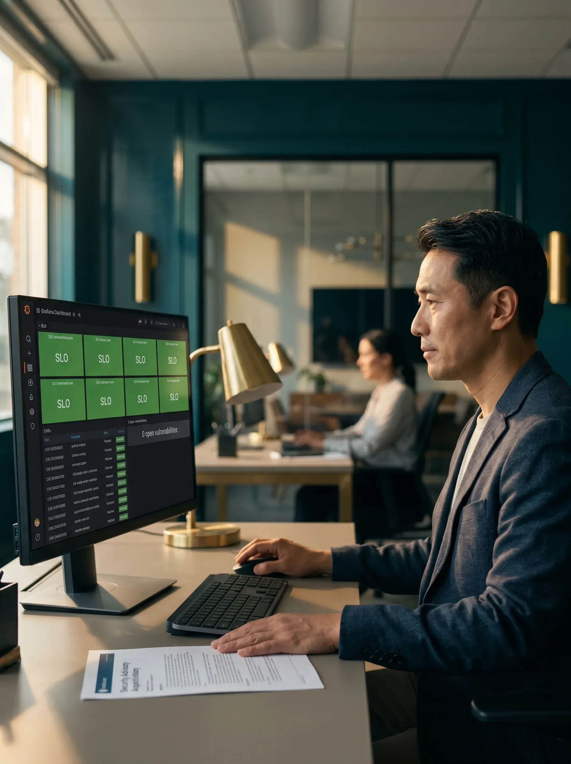 Security engineer in side profile calmly reviewing a printed advisory beside a Grafana SLO dashboard showing all CVEs patched and zero open vulnerabilities under warm evening light Security engineer in side profile calmly reviewing a printed advisory beside a Grafana SLO dashboard showing all CVEs patched and zero open vulnerabilities under warm evening light