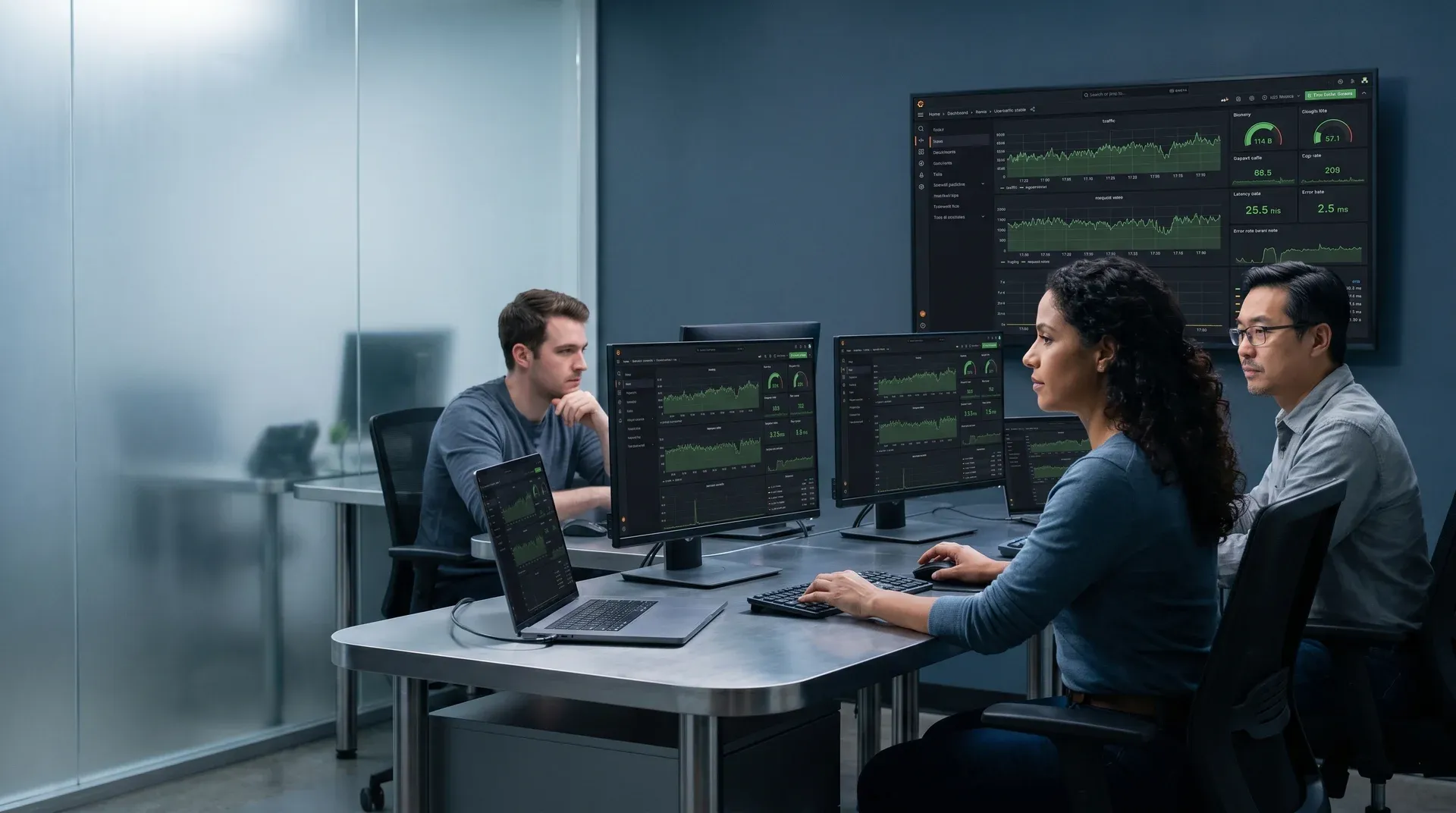 Small engineering team at a mission-control monitoring desk calmly watching real Grafana dashboards showing stable green live traffic immediately after go-live, lit by cool screen glow Small engineering team at a mission-control monitoring desk calmly watching real Grafana dashboards showing stable green live traffic immediately after go-live, lit by cool screen glow