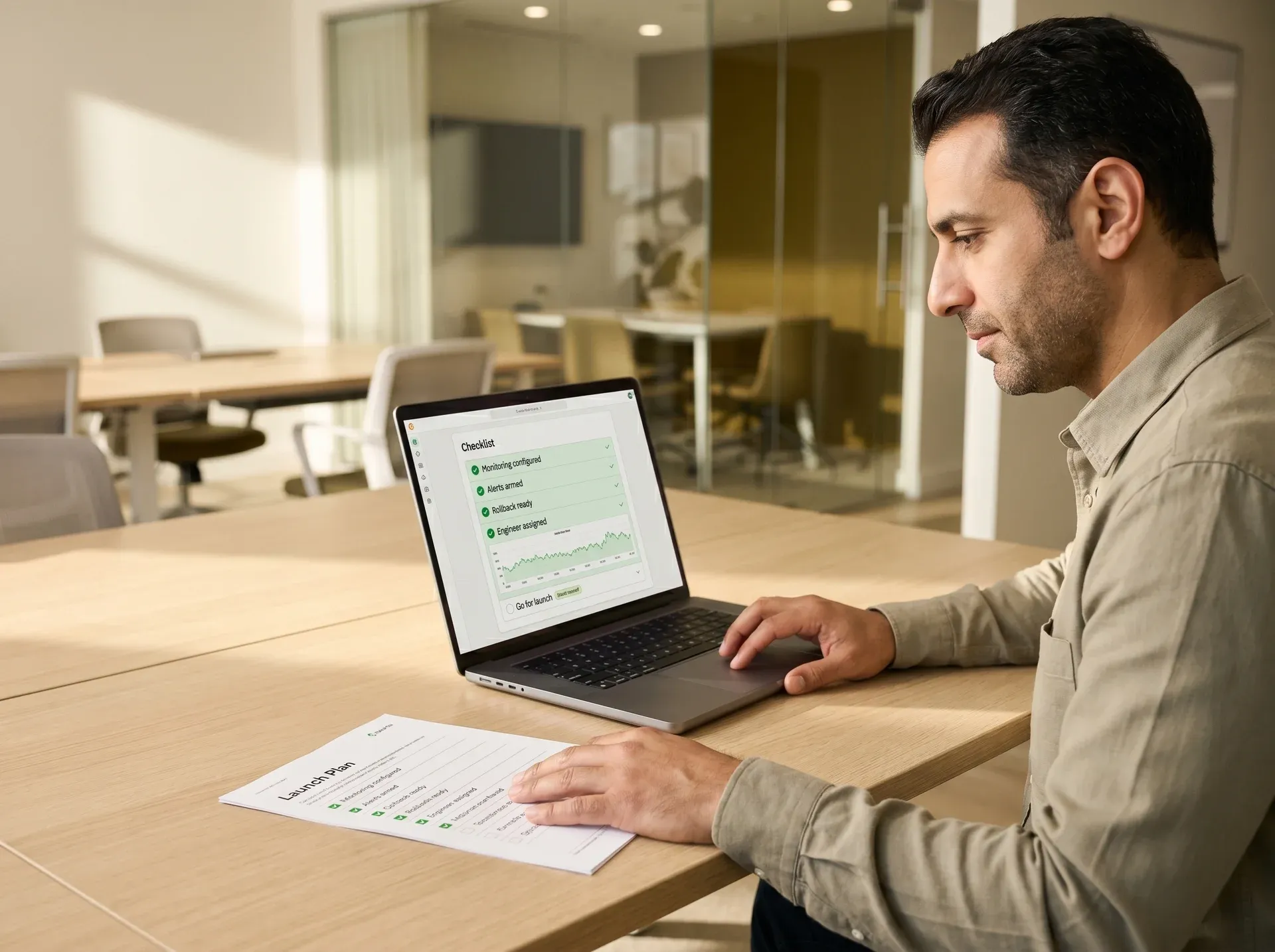 Product lead at a pale oak desk calmly reviewing a green launch-readiness checklist marked go-for-launch on a laptop under warm morning window light