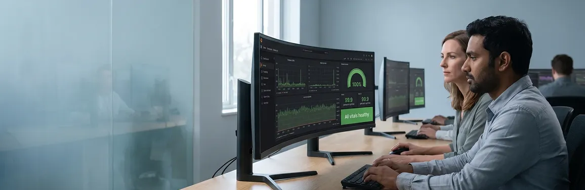 Two-person managed support team in side profile calmly reviewing real Grafana application-health dashboards showing healthy green vitals and 99.9 percent uptime in natural daylight Two-person managed support team in side profile calmly reviewing real Grafana application-health dashboards showing healthy green vitals and 99.9 percent uptime in natural daylight