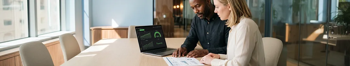 Product director and managed support engineer in side profile calmly reviewing a printed monthly application-health report beside a Grafana dashboard showing improving green health under natural window light Product director and managed support engineer in side profile calmly reviewing a printed monthly application-health report beside a Grafana dashboard showing improving green health under natural window light