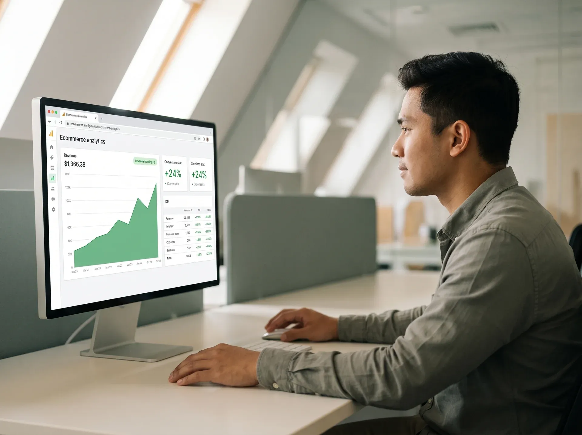 Ecommerce operations lead in side profile calmly reviewing a growth analytics dashboard with an upward revenue trend and green positive deltas under natural office light Ecommerce operations lead in side profile calmly reviewing a growth analytics dashboard with an upward revenue trend and green positive deltas under natural office light