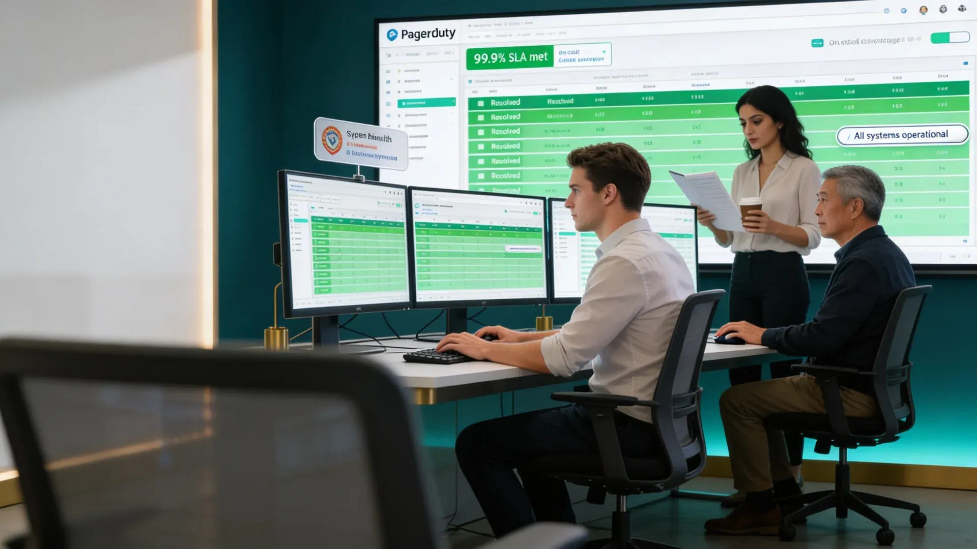 Small support engineering team of three at monitoring workstations with large screens showing green resolved-incident lists and 99.9% SLA dashboards, calm professional 24/7 coverage atmosphere