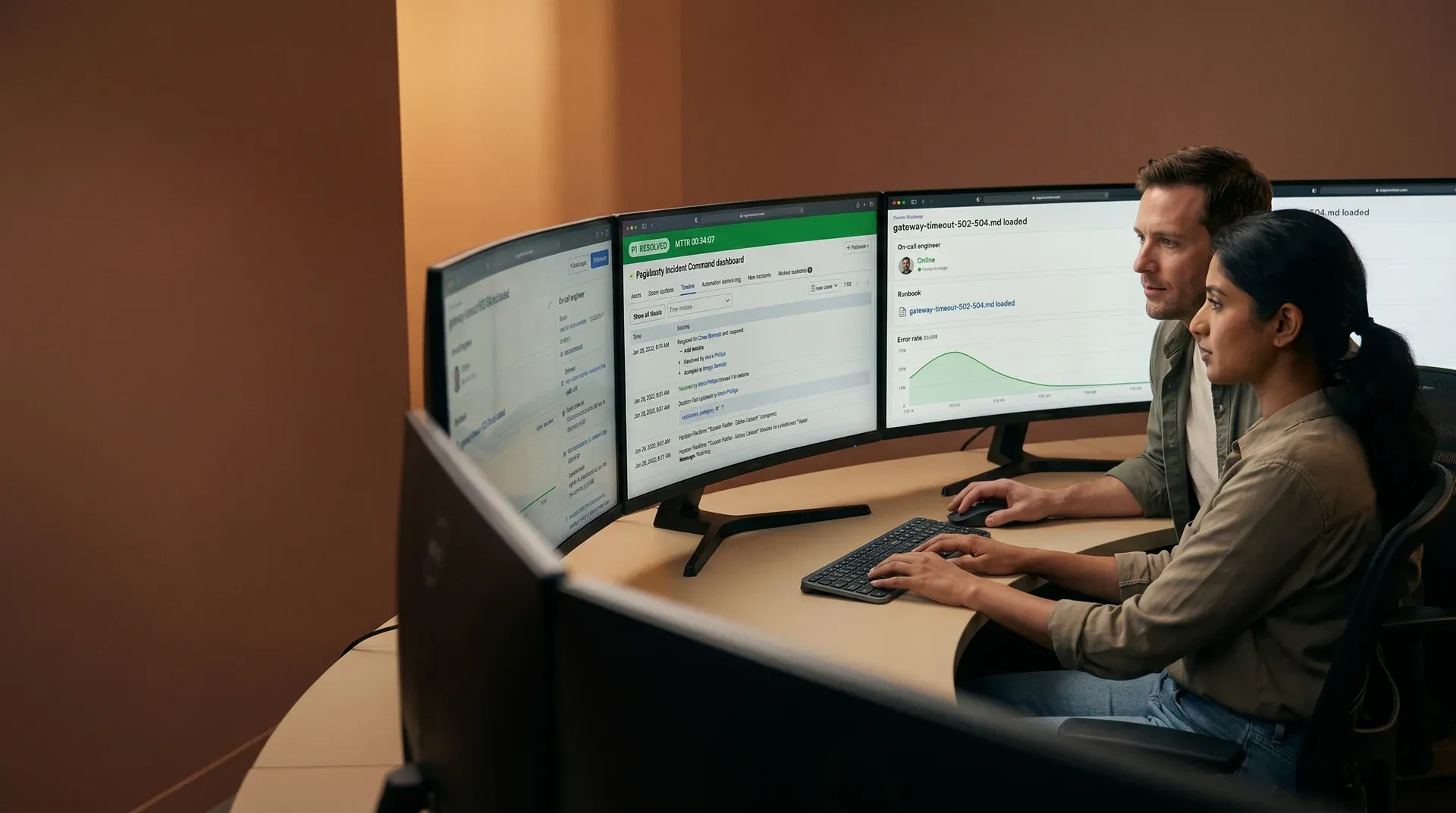Two incident response engineers seen from behind at a curved command station, screens showing a PagerDuty incident resolved with a clean green timeline and 34-minute MTTR, calm controlled war-room Two incident response engineers seen from behind at a curved command station, screens showing a PagerDuty incident resolved with a clean green timeline and 34-minute MTTR, calm controlled war-room
