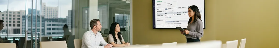 Engineer presenting a post-mortem incident timeline on a wall screen to two seated colleagues in a bright glass meeting room, relaxed daylight debrief after the incident is resolved Engineer presenting a post-mortem incident timeline on a wall screen to two seated colleagues in a bright glass meeting room, relaxed daylight debrief after the incident is resolved