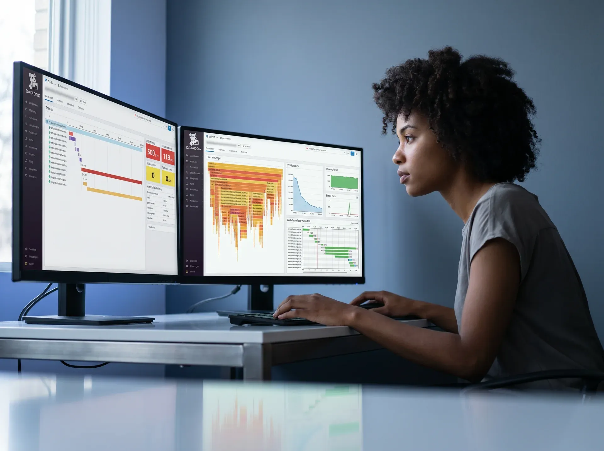 Performance engineer at a dual-monitor setup comparing before and after performance traces, a Datadog APM flame graph and latency chart trending down beside a shortened request waterfall, focused analytical posture Performance engineer at a dual-monitor setup comparing before and after performance traces, a Datadog APM flame graph and latency chart trending down beside a shortened request waterfall, focused analytical posture