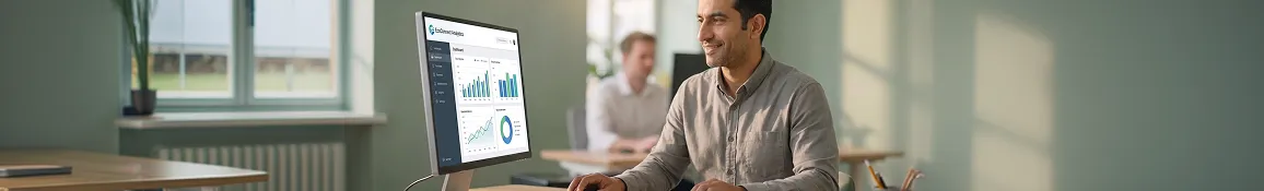 Product lead at a clean desk reviewing an analytics dashboard showing rising post-optimization organic traffic and a +24% conversion lift, calm satisfied side profile in morning light Product lead at a clean desk reviewing an analytics dashboard showing rising post-optimization organic traffic and a +24% conversion lift, calm satisfied side profile in morning light