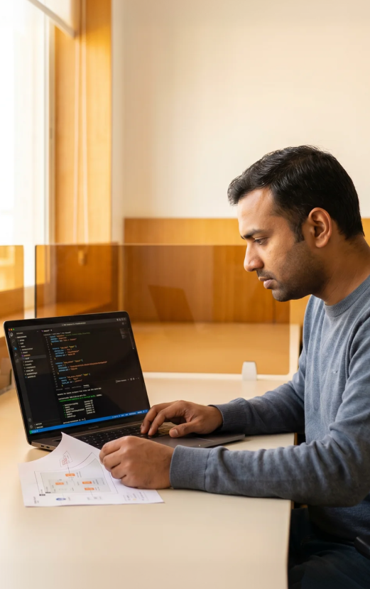 Cloud platform engineer reviewing multi-cloud architecture at workstation Cloud platform engineer reviewing multi-cloud architecture at workstation