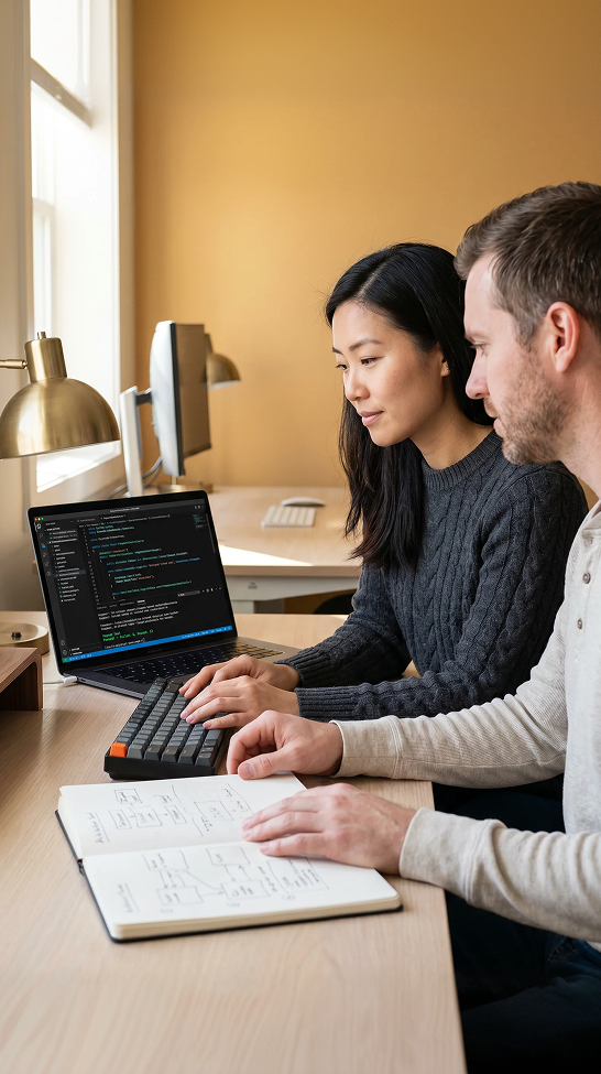 Senior engineer pair programming on a custom .NET API in VS Code while tests pass in the integrated terminal Senior engineer pair programming on a custom .NET API in VS Code while tests pass in the integrated terminal