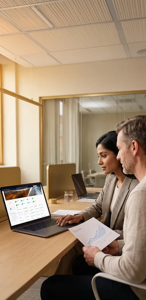 Dynamics 365 consulting team reviewing implementation project at client site in natural window light Dynamics 365 consulting team reviewing implementation project at client site in natural window light