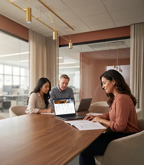 Redefine consultant and client team at conference table reviewing Dynamics 365 services proposal in natural light