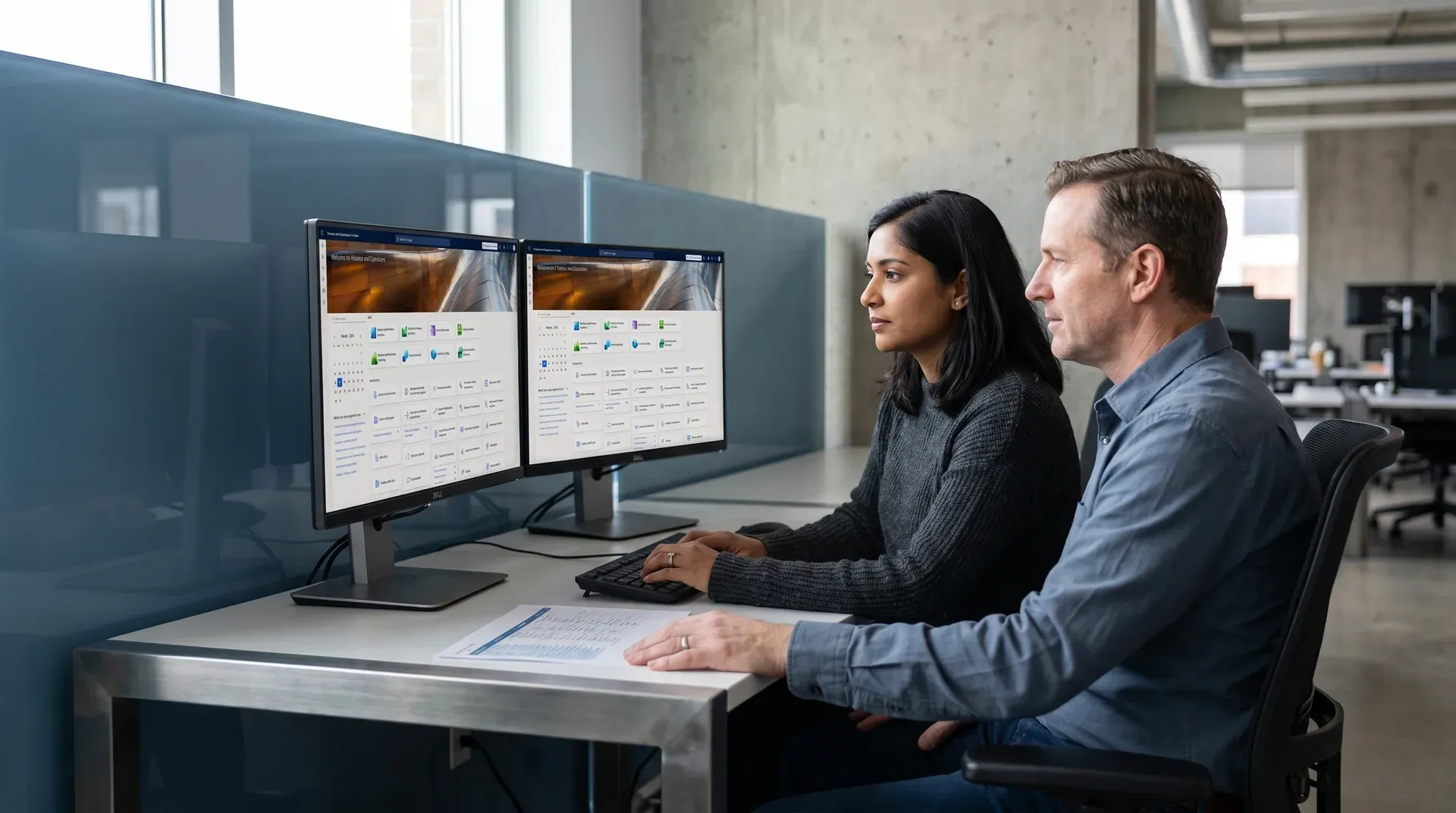 Two consultants reviewing ERP data objects on dual-monitor workstations, planning a Dynamics 365 migration mapping exercise Two consultants reviewing ERP data objects on dual-monitor workstations, planning a Dynamics 365 migration mapping exercise