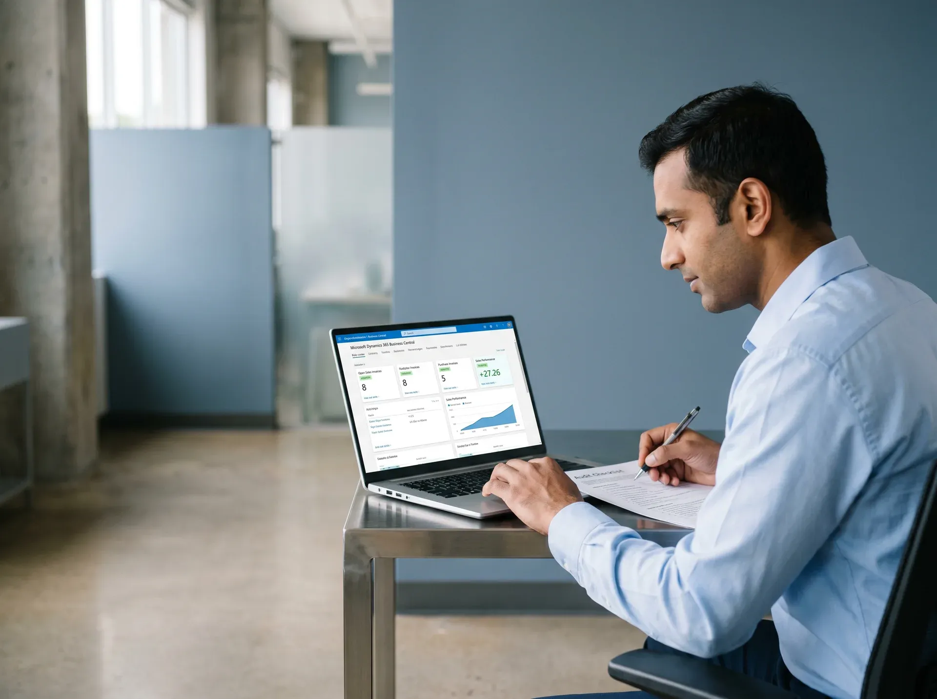 IT manager reviewing Dynamics 365 audit checklist on a laptop, cross-referencing configuration findings in a quiet office setting IT manager reviewing Dynamics 365 audit checklist on a laptop, cross-referencing configuration findings in a quiet office setting