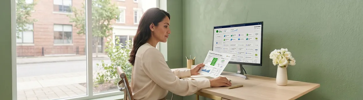 Finance manager reading printed Dynamics 365 health check report with highlighted findings at a desk, reviewing the remediation roadmap Finance manager reading printed Dynamics 365 health check report with highlighted findings at a desk, reviewing the remediation roadmap