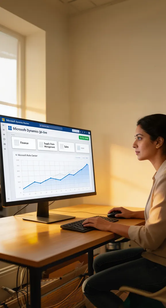 Finance team lead reviewing an enterprise resource planning dashboard during Dynamics 365 go-live week