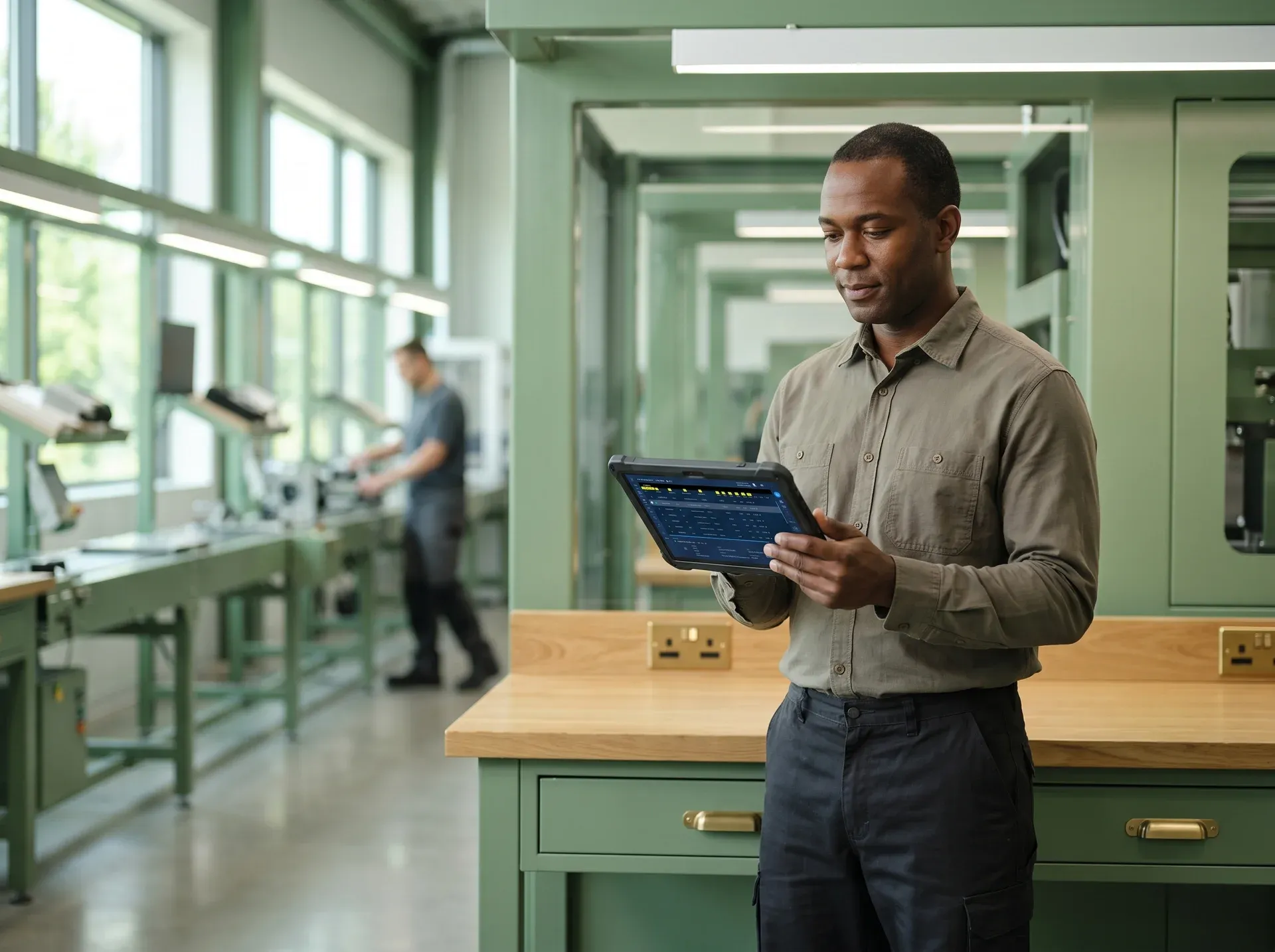 Operations manager reviewing manufacturing floor systems on a tablet beside a production line Operations manager reviewing manufacturing floor systems on a tablet beside a production line