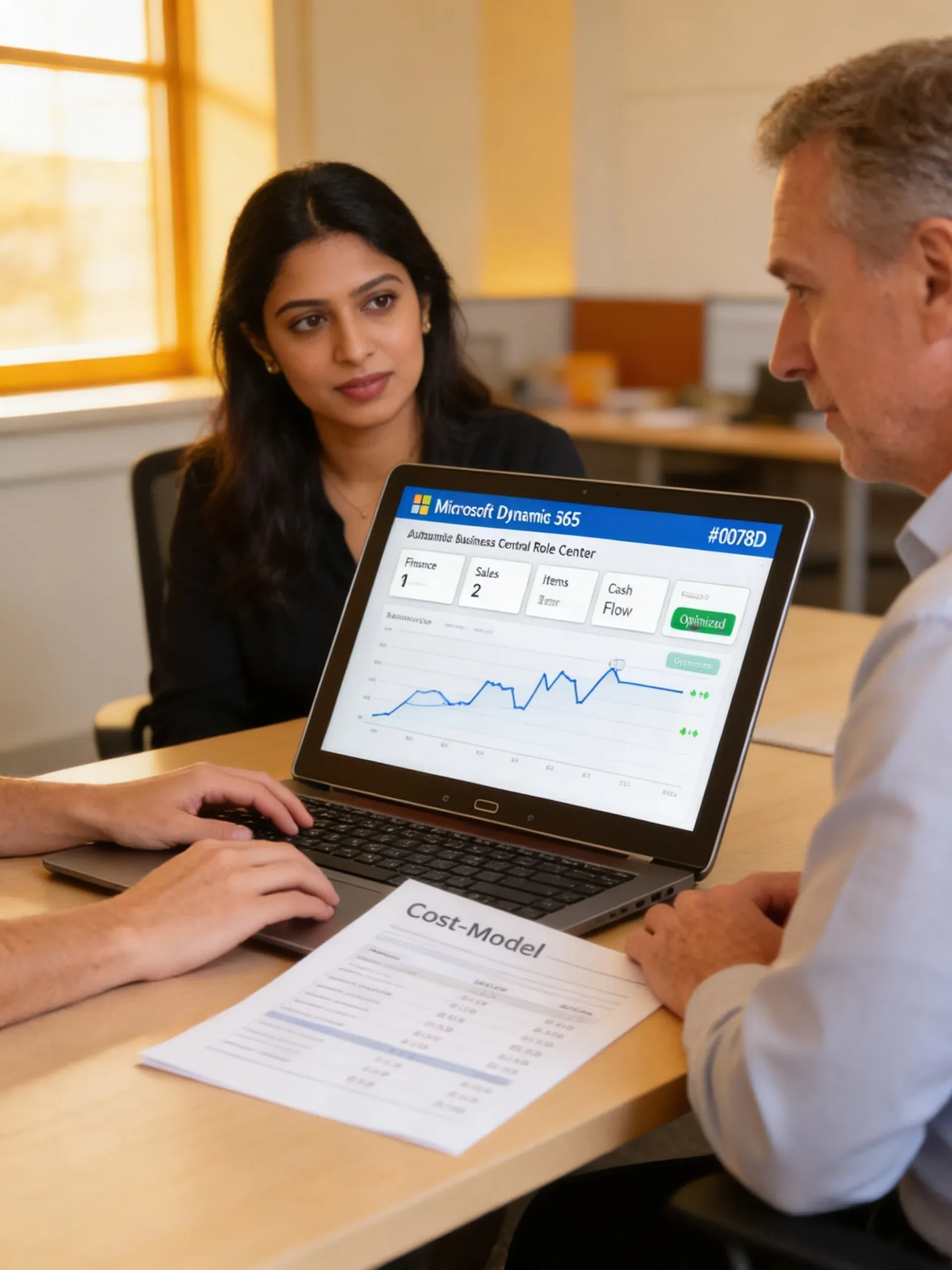 Finance consultant and client reviewing a Dynamics 365 licensing cost model together at a bright desk Finance consultant and client reviewing a Dynamics 365 licensing cost model together at a bright desk