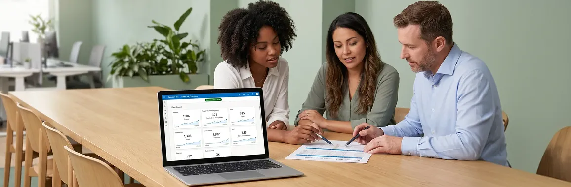 Two consultants walking a client through a written Dynamics 365 licensing recommendation in a bright meeting room Two consultants walking a client through a written Dynamics 365 licensing recommendation in a bright meeting room
