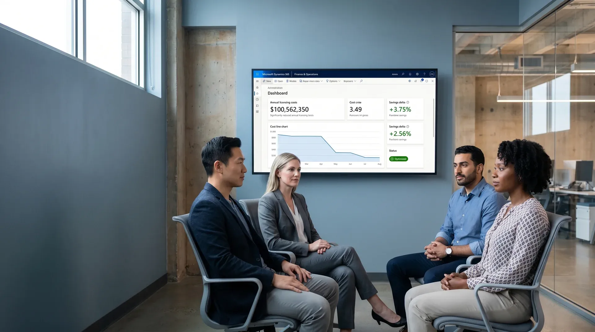 Business team in a collaborative meeting reviewing software cost reduction results on a shared screen Business team in a collaborative meeting reviewing software cost reduction results on a shared screen