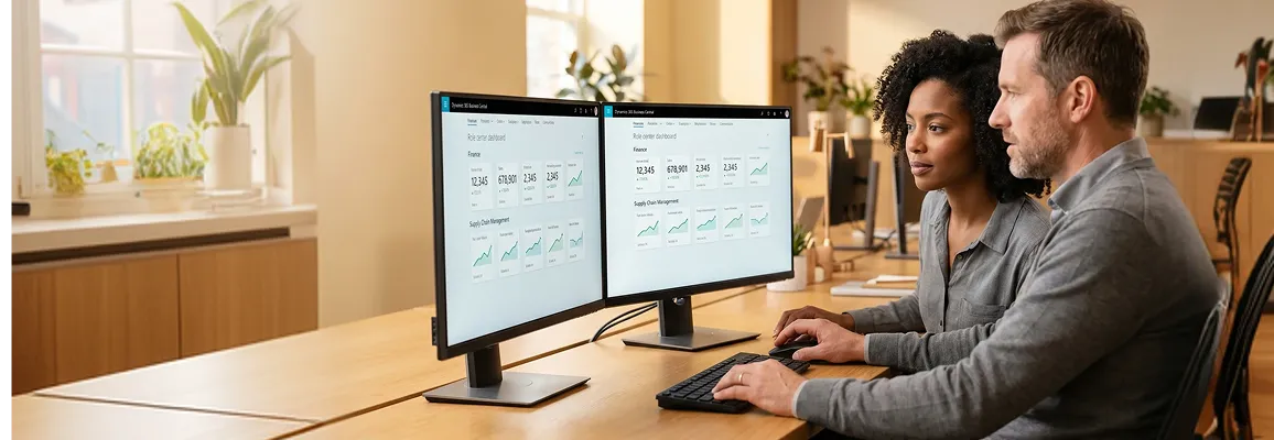 ERP consulting team reviewing Dynamics 365 dashboards together on dual monitors ERP consulting team reviewing Dynamics 365 dashboards together on dual monitors