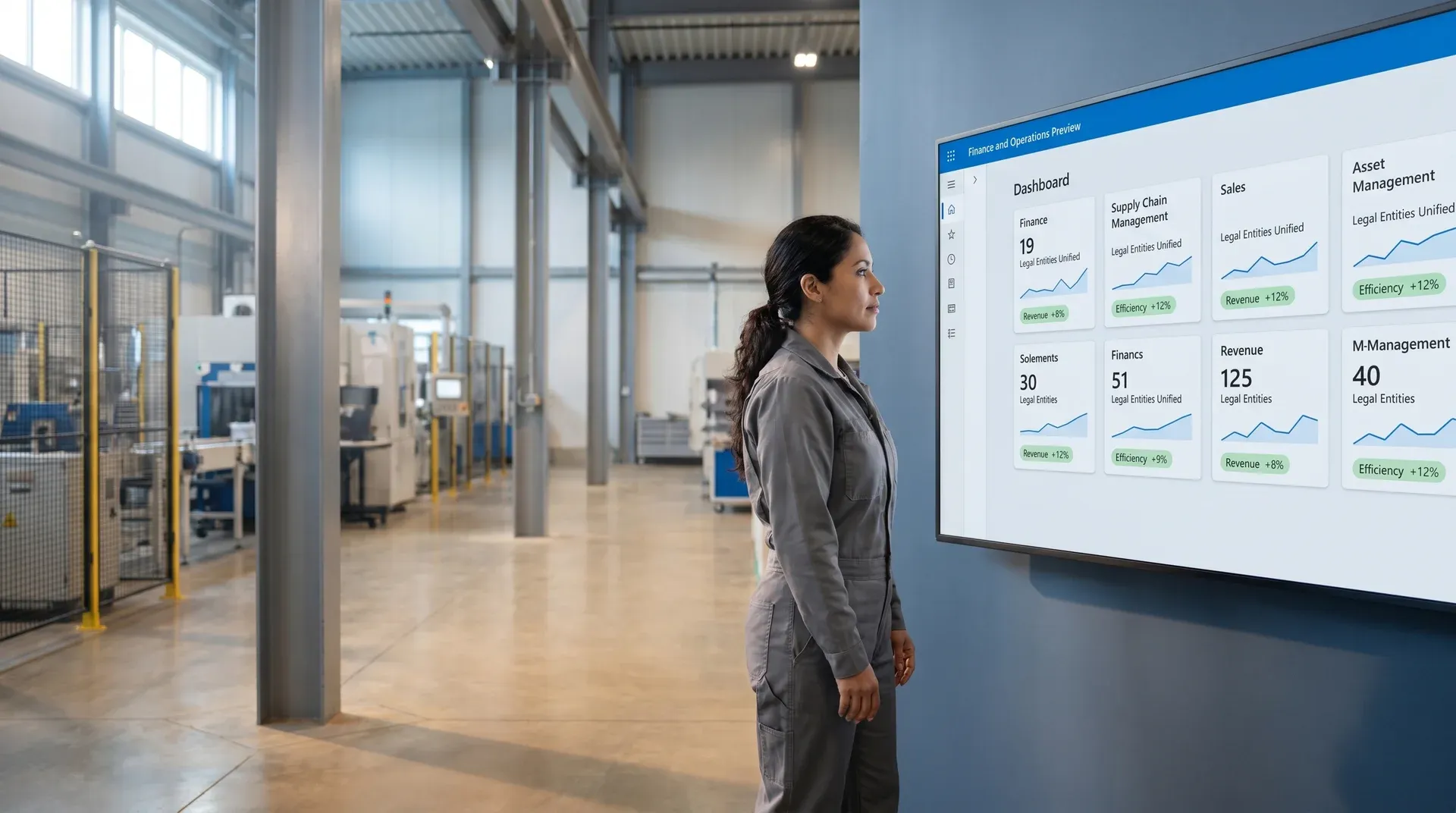 Manufacturing operations lead reviewing unified ERP analytics on a production floor display Manufacturing operations lead reviewing unified ERP analytics on a production floor display
