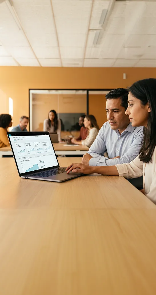 Dynamics 365 optimization consultant reviewing system performance data with a client team at a modern office workspace Dynamics 365 optimization consultant reviewing system performance data with a client team at a modern office workspace