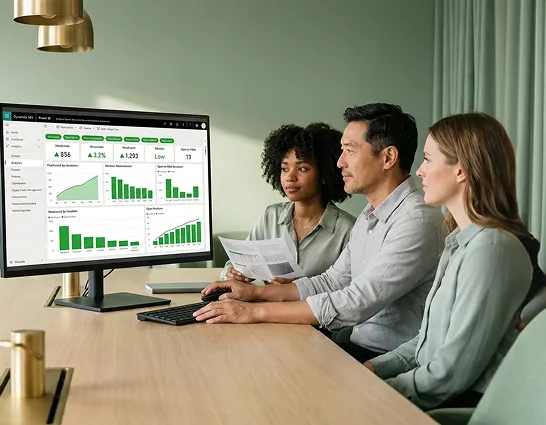 Operations team collaborating around a conference table reviewing an optimized Dynamics 365 dashboard with healthy upward metrics Operations team collaborating around a conference table reviewing an optimized Dynamics 365 dashboard with healthy upward metrics