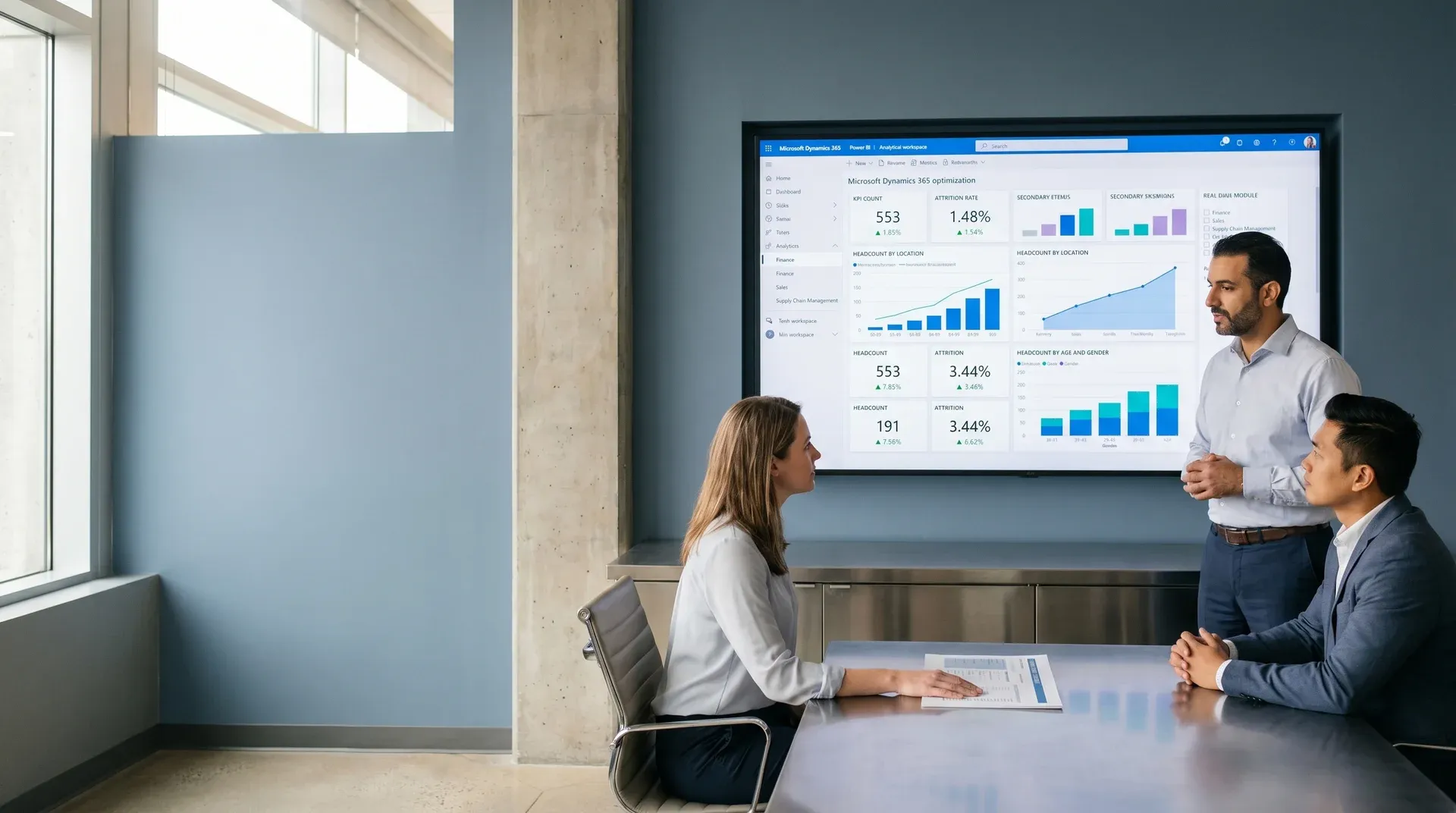 Enterprise software consultant and business stakeholders reviewing Dynamics 365 optimization results on a shared screen in a modern corporate workspace Enterprise software consultant and business stakeholders reviewing Dynamics 365 optimization results on a shared screen in a modern corporate workspace