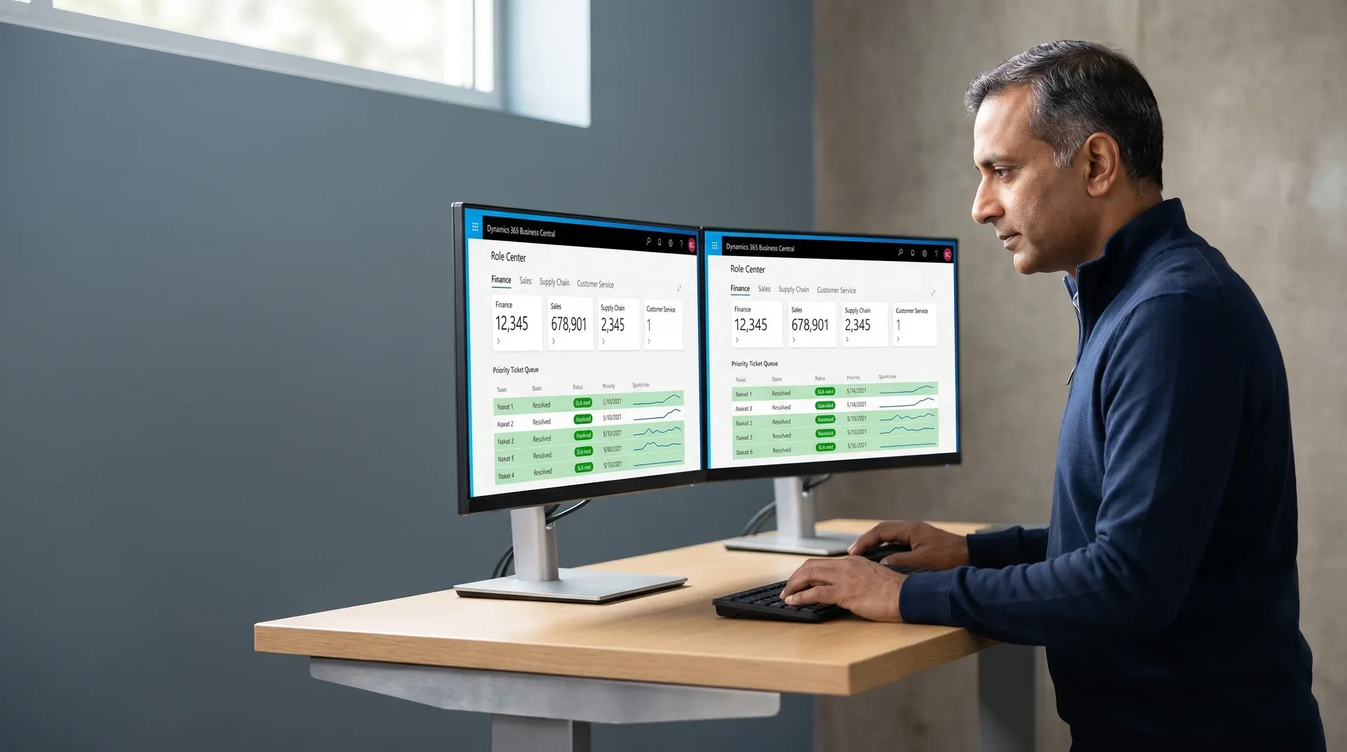 Senior enterprise resource planning consultant at workstation with dual monitors triaging Dynamics 365 support tickets and environment documentation Senior enterprise resource planning consultant at workstation with dual monitors triaging Dynamics 365 support tickets and environment documentation
