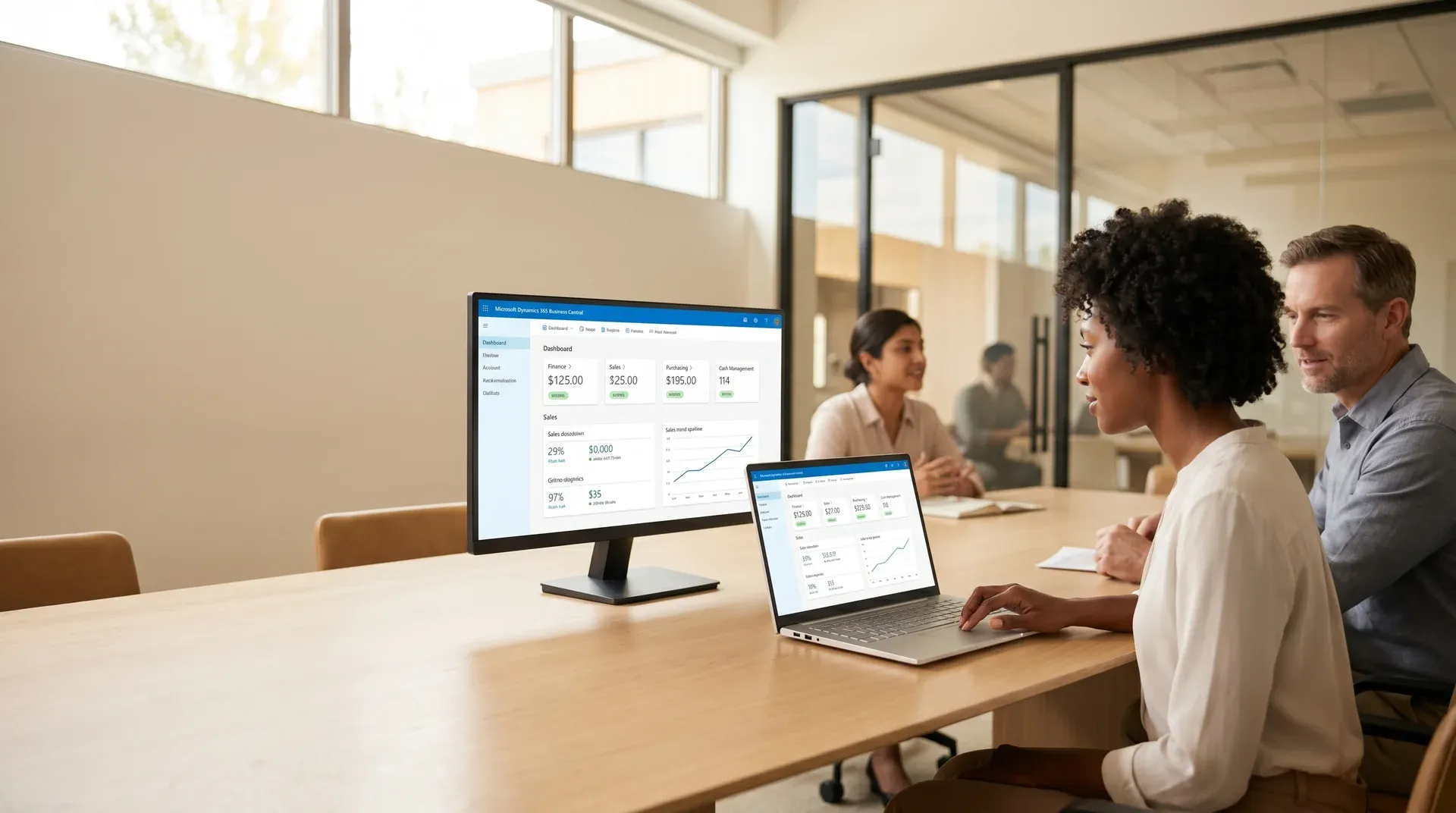 Finance team gathered around screens during a Dynamics 365 training session reviewing enterprise resource planning workflows together Finance team gathered around screens during a Dynamics 365 training session reviewing enterprise resource planning workflows together