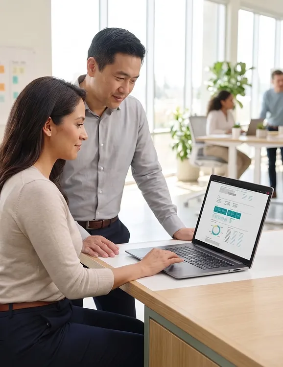 Operations manager and colleague reviewing enterprise resource planning workflows on a laptop in a warehouse setting Operations manager and colleague reviewing enterprise resource planning workflows on a laptop in a warehouse setting