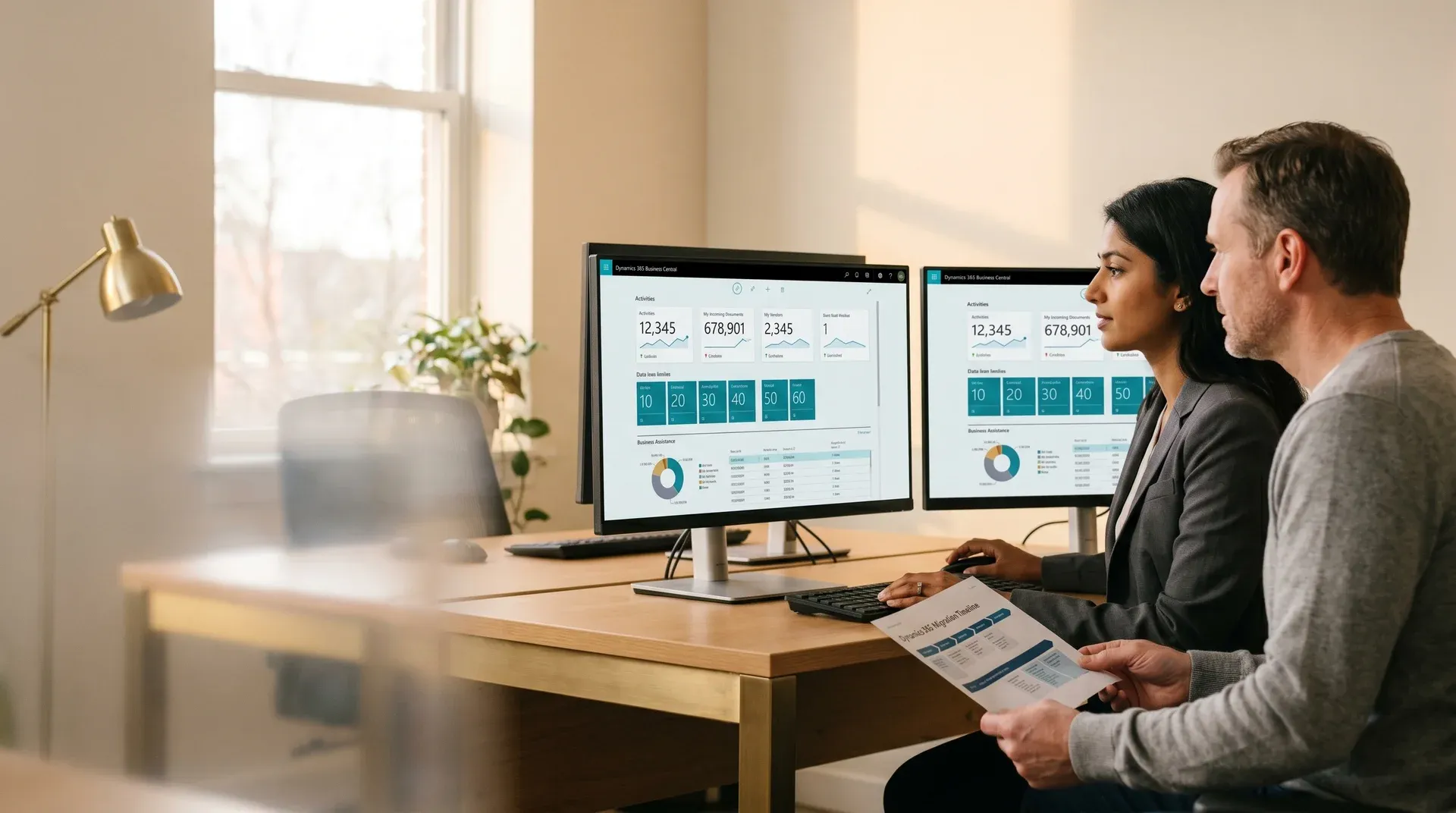 Information technology consultant and operations manager reviewing an ERP upgrade plan on dual monitors during a Dynamics 365 migration project Information technology consultant and operations manager reviewing an ERP upgrade plan on dual monitors during a Dynamics 365 migration project