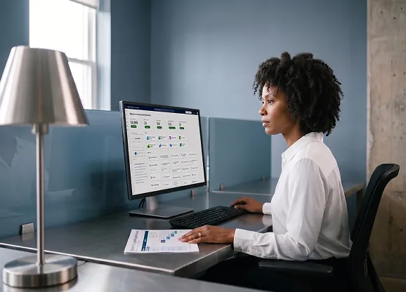 Finance director reviewing ERP system migration timeline documents during a Dynamics 365 upgrade, calm and confident with a healthy Business Central dashboard Finance director reviewing ERP system migration timeline documents during a Dynamics 365 upgrade, calm and confident with a healthy Business Central dashboard