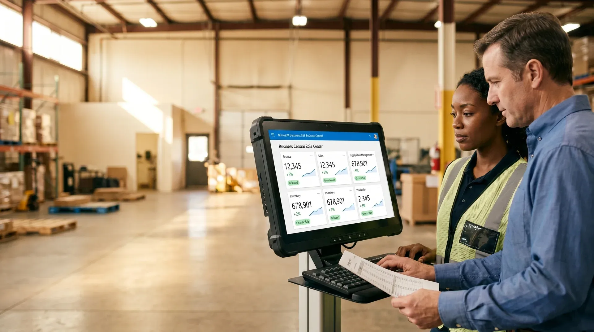 Manufacturing operations team reviewing live Dynamics 365 Business Central data on floor terminals on go-live day