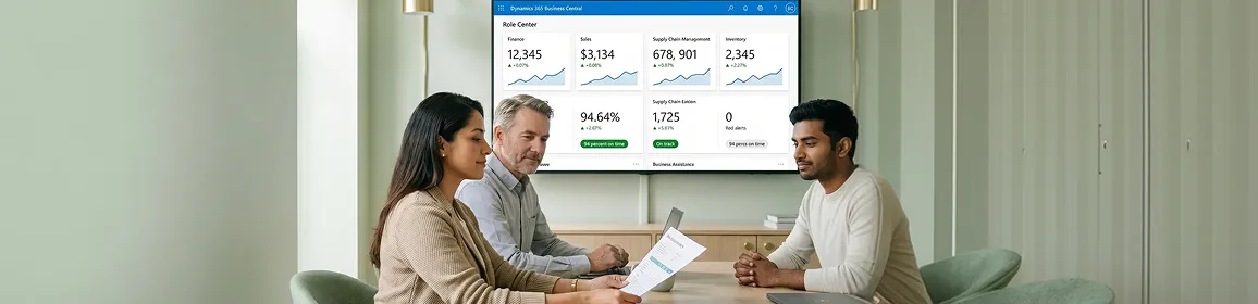 Client team reviewing operational metrics on Dynamics 365 at a 90-day post-implementation review Client team reviewing operational metrics on Dynamics 365 at a 90-day post-implementation review