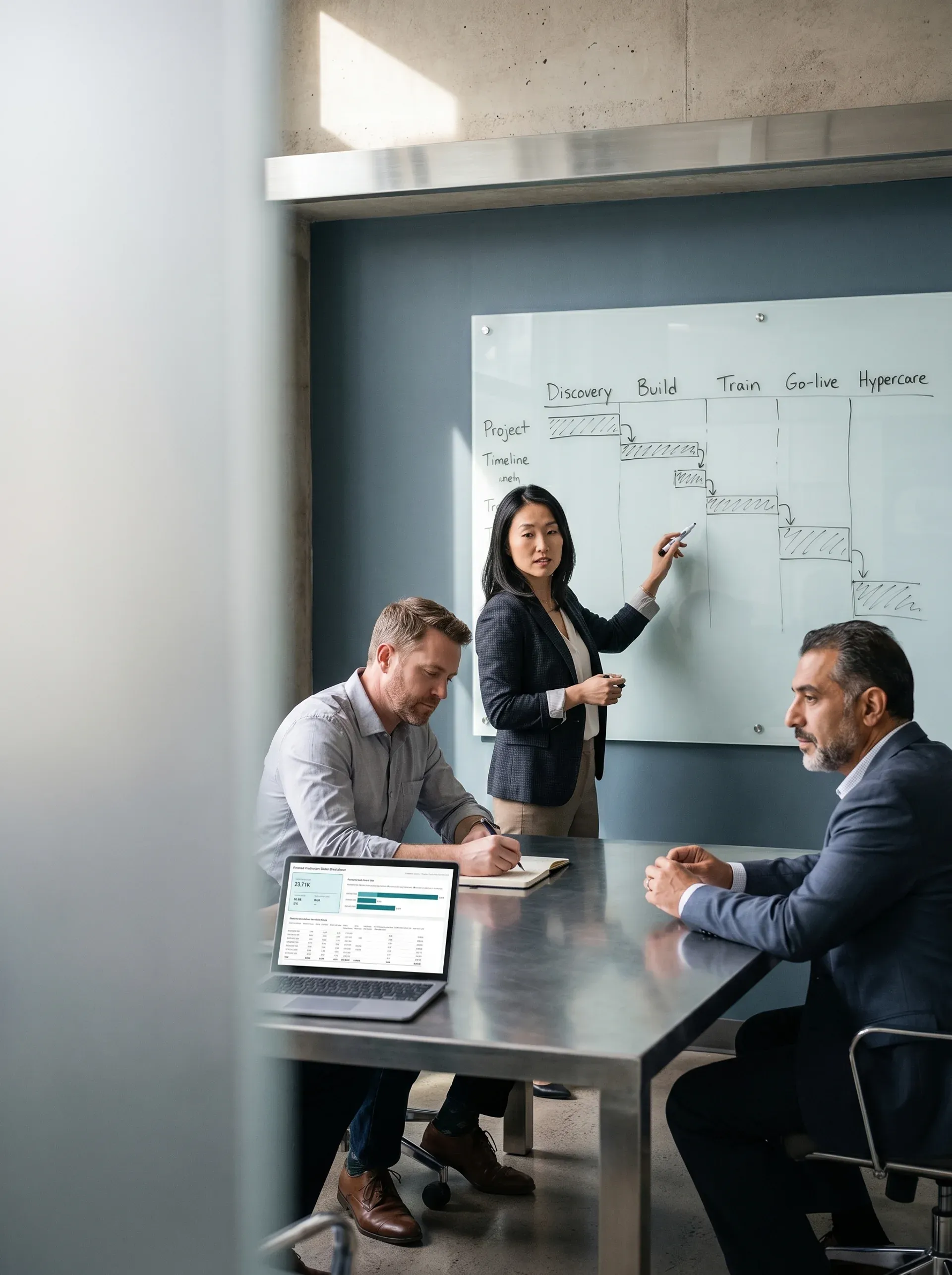 Consultant presenting a Dynamics 365 implementation roadmap to a client executive team Consultant presenting a Dynamics 365 implementation roadmap to a client executive team