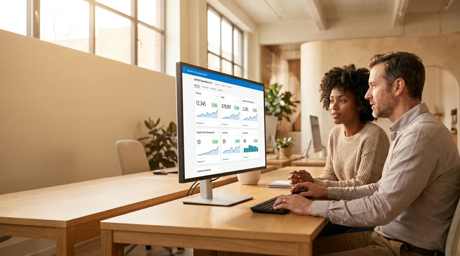 Business operations team reviewing unified Microsoft Dynamics 365 product suite dashboards at workstations, natural light Business operations team reviewing unified Microsoft Dynamics 365 product suite dashboards at workstations, natural light