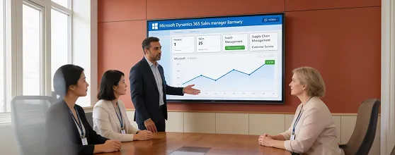 Redefine consultant presenting Dynamics 365 solution roadmap to client team at conference table in natural light