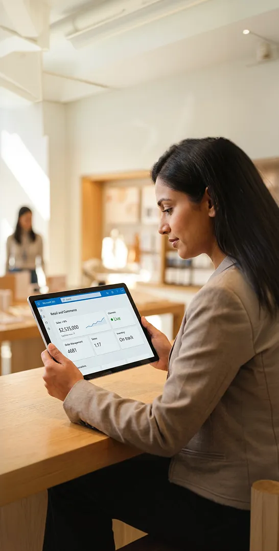 Retail store manager reviewing omnichannel commerce analytics on a tablet at a modern checkout counter, focused on live order data Retail store manager reviewing omnichannel commerce analytics on a tablet at a modern checkout counter, focused on live order data