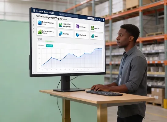 Merchant and operations analyst collaborating over order management screens in a warehouse, reviewing fulfillment and resource-planning workflows together Merchant and operations analyst collaborating over order management screens in a warehouse, reviewing fulfillment and resource-planning workflows together