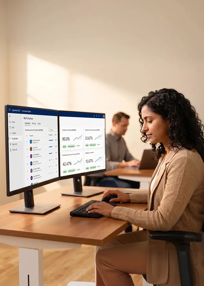 Data analyst reviewing unified Dynamics 365 Customer Insights profiles on dual monitors, predictive churn scores visible with accounts ranked by at-risk probability Data analyst reviewing unified Dynamics 365 Customer Insights profiles on dual monitors, predictive churn scores visible with accounts ranked by at-risk probability