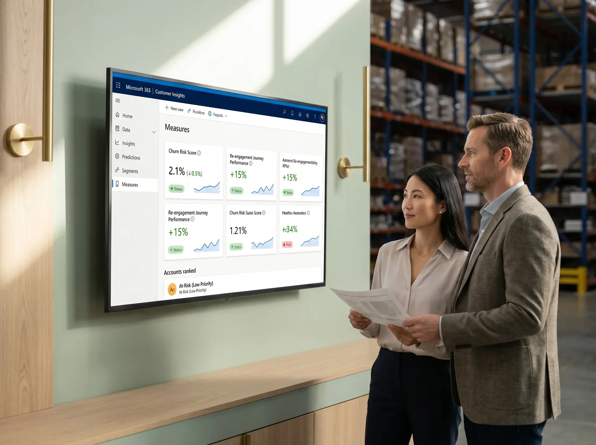 Warehouse distribution team reviewing account management dashboards on mounted screens, checking churn risk scores and automated re-engagement journey performance Warehouse distribution team reviewing account management dashboards on mounted screens, checking churn risk scores and automated re-engagement journey performance