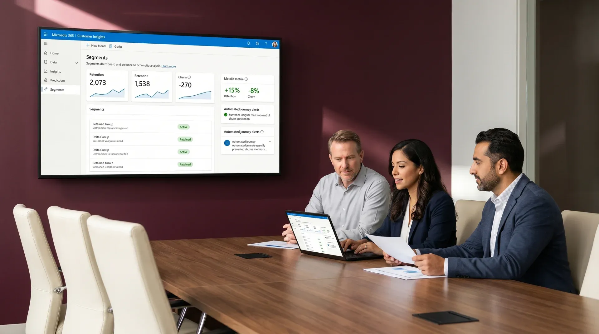 Distribution sales team reviewing Dynamics 365 Customer Insights churn prevention results at a weekly account review meeting Distribution sales team reviewing Dynamics 365 Customer Insights churn prevention results at a weekly account review meeting