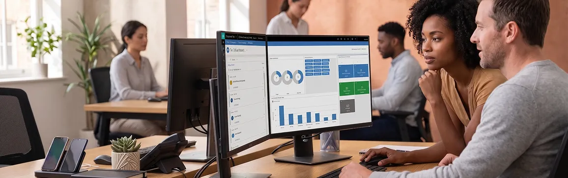 Customer service team collaborating at shared workstations, reviewing case queues and resolution metrics on dual monitors in a modern support center