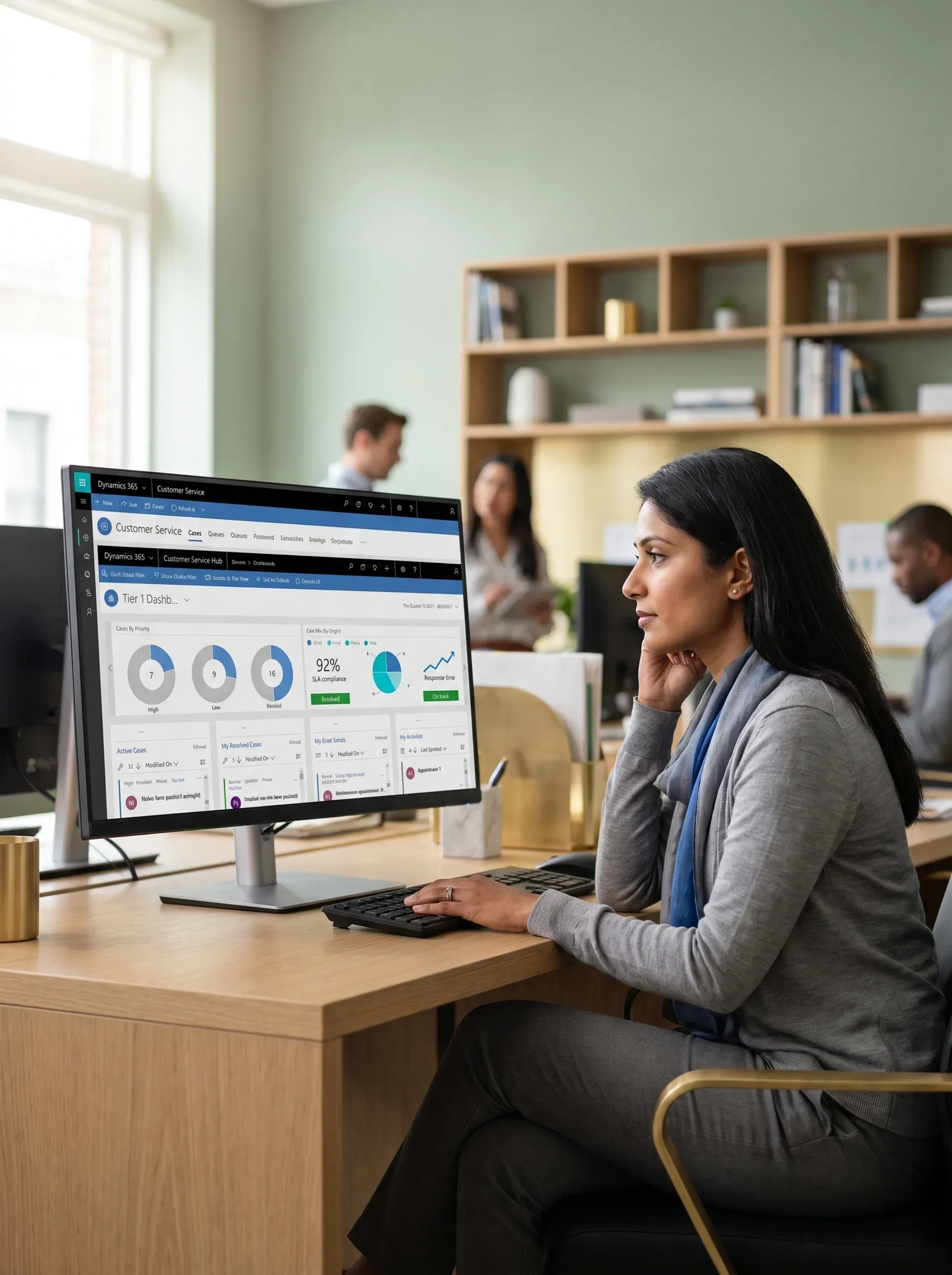 Customer service manager reviewing live service level dashboards on a screen, focused on case routing and response time metrics for her support team Customer service manager reviewing live service level dashboards on a screen, focused on case routing and response time metrics for her support team