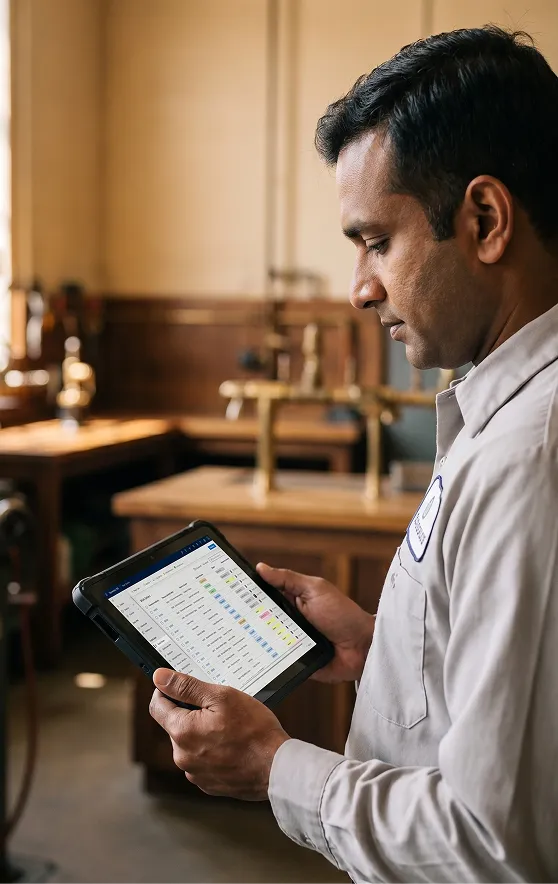 Field service technician reviewing a work order on a tablet at an industrial job site Field service technician reviewing a work order on a tablet at an industrial job site