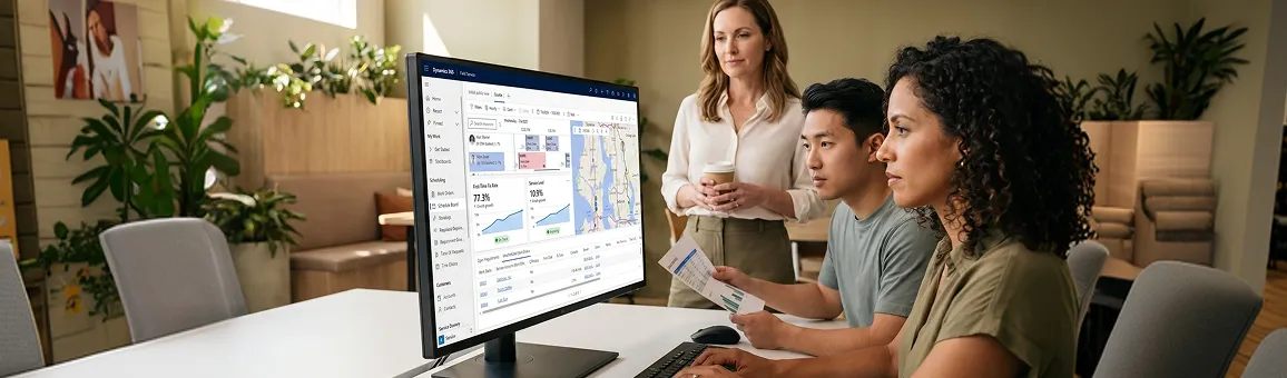 Service team reviewing field performance data together at a shared workstation Service team reviewing field performance data together at a shared workstation